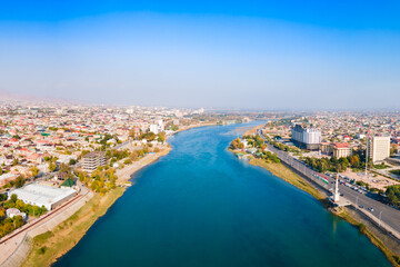Khujand city aerial panoramic view in Tajikistan