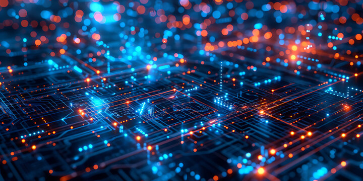Abstract digital circuitry with glowing blue and orange lights