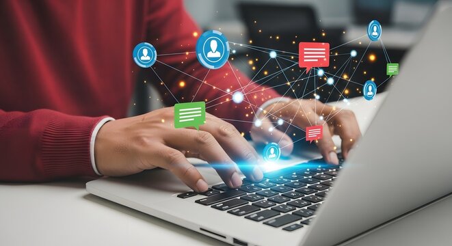 Person hands typing on laptop connecting diverse people and messages in a dynamic global network, visualizing digital communication and community building.