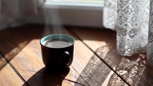 A steaming cup of coffee on a wooden table near a window with lace curtains