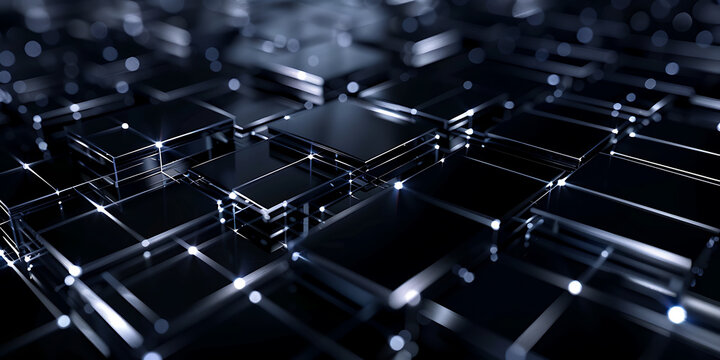 Abstract metallic grid structure with reflections suggesting complexity and depth