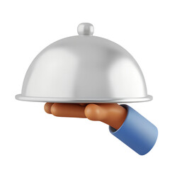 Fototapeta premium A hand with a food tray, 3d icon. Metal cloche. Restaurant. Food delivery. 3D object on a transparent background