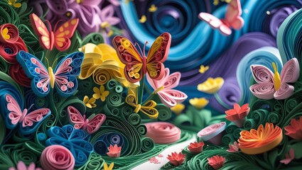 Obraz premium Colorful Paper Quilling Style Butterflies in Fantasy Garden with Layered Flowers 