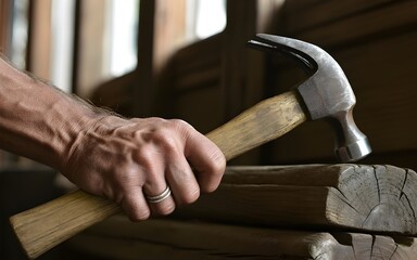 A person holding a hammer to strike a wooden object in workshop setting