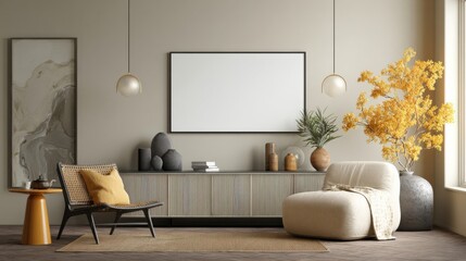 a living room with a chair, a table and a picture