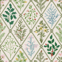 Floral trellis. Seamless vector pattern. Winter flora. 
