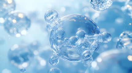 Hyper realistic macro of transparent water molecules in blue fluid environment