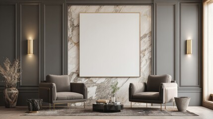 a living room with two chairs and a large poster