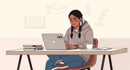 Indigenous student pursuing academic excellence with laptop and books representing dedication to both modern education and cultural heritage amidst sketched symbols of learning