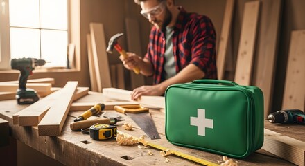 Skilled craftsman safely hammers wood on workbench with first aid kit, drill, saw, and measuring tape nearby, ensuring workplace safety and project success.