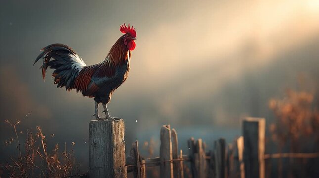 A vibrant rooster stands proudly atop a weathered fence post, bathed in the soft glow of the rising sun, heralding the dawn with a powerful crow. 