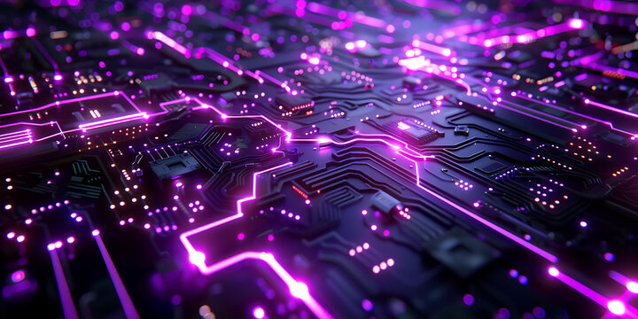 "Futuristic Circuit Board with Glowing Purple Lines and Components"