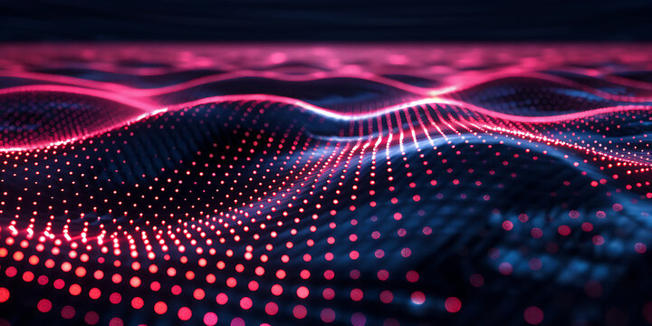 "Digital Landscape of Pink and Blue Dots Forming a Wave Pattern"