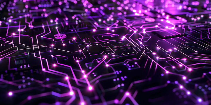 "Circuit Board with Glowing Purple Lines and Nodes"