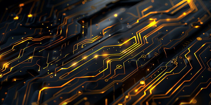 "Circuit Board with Glowing Golden Lines and Connections"
