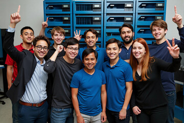 Happy and diverse team of young IT professionals or students celebrates success with a group photo in a server room, showing teamwork and achievement in technology