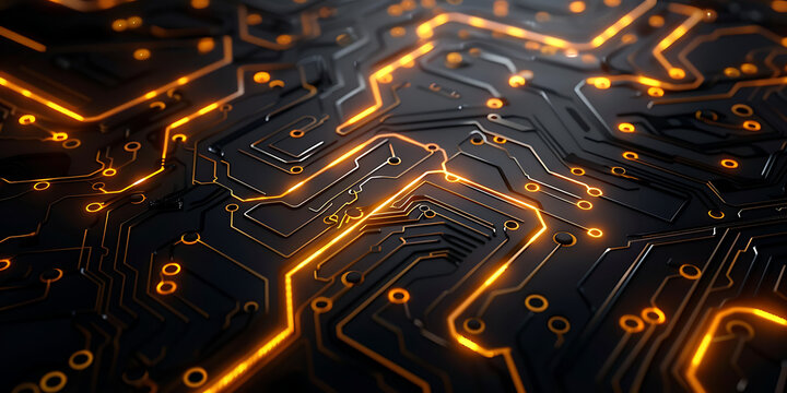 "Circuit Board with Glowing Orange Lines on a Dark Background"