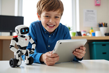 Happy young boy uses a digital tablet to program and control a small interactive robot, engaged in a fun and educational STEM robotics project at home or school