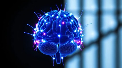 Digital brain illustration with glowing connections on dark background   - Powered by Adobe