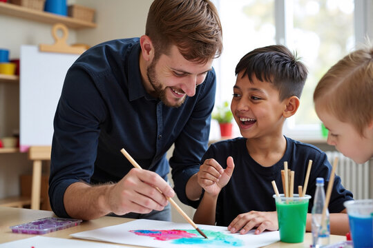 friendly male teacher helps two happy young students with a colorful watercolor painting during an art class, representing creative education and childhood development