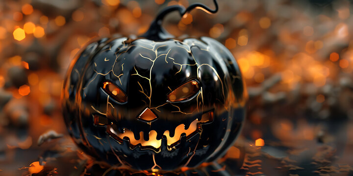 "Spooky Black Jack-O'-Lantern with Glowing Eyes and Mouth on Orange Backdrop"
