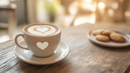 Cozy coffeehouse latte with heart-shaped latte art and cookies on a rustic wooden table, perfect for warm neutral-toned cafe vibes.
