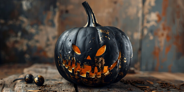 "Halloween Pumpkin with Glowing Eyes on a Wooden Surface"