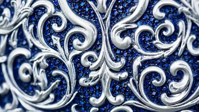 Ornate silver design, detailed with numerous small, deep blue crystals