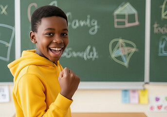 Happy African boy cheers success in a classroom with a chalkboard. Cheerful moment of achievement and learning. Education, opportunity, bright future.