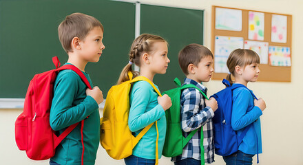 Four children with backpacks standing in a line at school. An eye-level medium shot showing the excitement. Educational setting, learning environment, primary education.