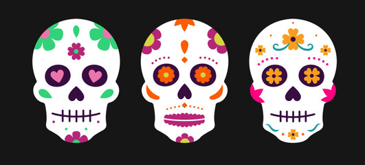The vector illustration shows colorful calaca skulls decorated with flower patterns.A symbol of Día de Muertos, the Mexican holiday and festival of death.Day of the Dead in México, ispaniche, ispanico