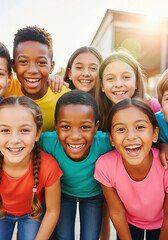 Diverse group of kids smiling at the camera outdoors. A happy and bright image conveying friendship and unity. Childhood joy, positive vibes, togetherness.