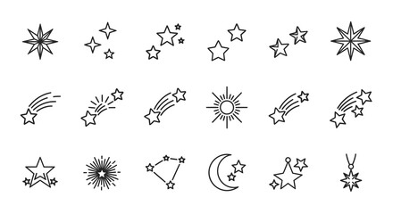 A comprehensive vector set of celestial and astronomical line icons. Features various stars, sun, moon, comets, and constellation symbols