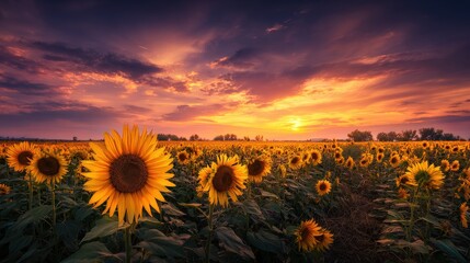 Fototapeta premium Golden sunflower field at sunset under a vibrant sky, evoking warmth and tranquility in a stunning summer landscape surrounded by nature's beauty.