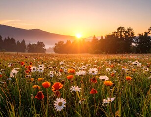 Sunrise over a meadow of wildflowers