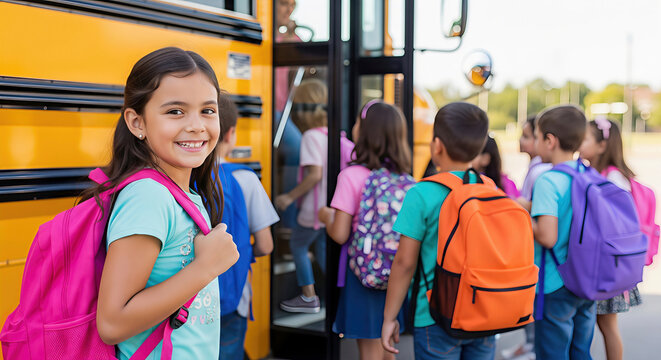 Students boarding a school bus on a sunny day. A cheerful shot capturing the essence of going back to school. Youth, education, childhood.