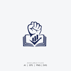 Vector logo of a powerful fist holding a book and growth graph, Modern logo for business education and financial growth company, Symbol of strength and knowledge for a professional coaching brand