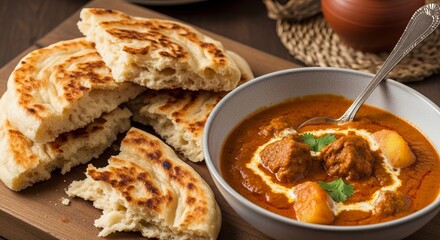 Indian Paneer Curry with Butter Naan and Green Chutney – Traditional Indian Meal