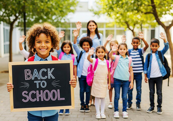 Fototapeta premium Students with backpacks stand with teacher, holding a sign that says 'Back to School'. A happy portrait of education and community.. Academic success, educational opportunity, childhood development.