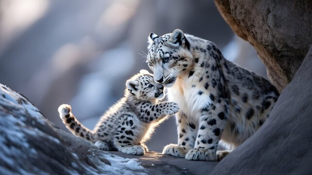 A touching moment between a snow leopard and its cub, embracing and sharing an affectionate moment amidst a rocky environment. This capture a sense of warmth and love.