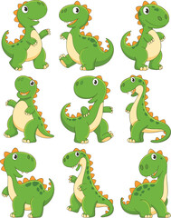 Cute Cartoon Green Dinosaur Collection – Fun Dino Character Set in Different Poses for Kids, Nursery, Educational Posters, Stickers, and Digital Crafts