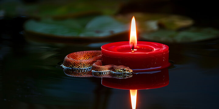"Red Candle Floating on Water with Reflection"
