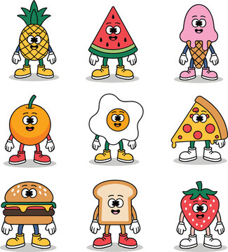 Naklejki Cute Cartoon Food Characters Set – Funny Fruit, Fast Food, and Breakfast Icons with Faces for Kids, Stickers, Crafts, Learning, and Digital Design
