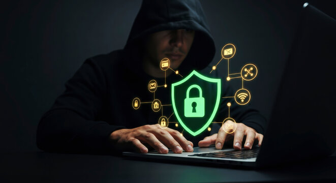 Hacker typing on laptop with security shield overlay. An intense image of cybercrime and digital threat. Data protection, network security, internet privacy.