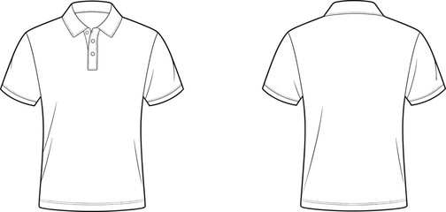 Polo shirt front and back technical flat sketch, vector outline fashion template for clothing design, apparel tech pack, sewing pattern