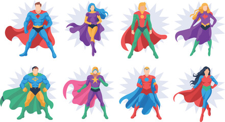 Vector illustration of diverse male and female superheroes in colorful costumes with capes, powerful poses, and dynamic backgrounds for comic, action, and fantasy concepts © Hasem Creative
