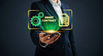 Business person holding smartphone displaying smart contract hologram. An innovative close-up with futuristic technology. Blockchain, digital transformation, online agreements.