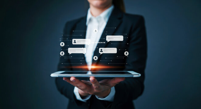 Businesswoman holding tablet displaying communication icons on dark background. Technology and connectivity represented with glowing effects. Digital connection, modern technology, online messaging.