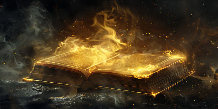 "Golden Book with Flames Emerging from Its Pages on Dark Background"