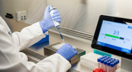 Researcher uses micropipette for precise liquid transfer inside biosafety cabinet. A focused shot of laboratory precision and safety. Scientific research, medical technology, healthcare innovation.